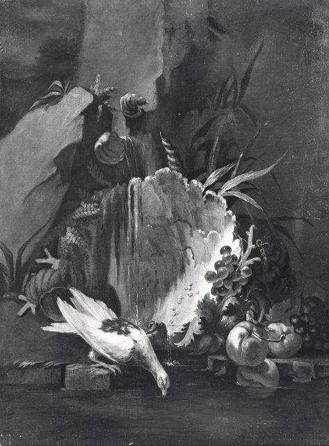 Anonimo — Casissa Nicola - ambito - sec. XVII/ XVIII - Natura morta con frutta, fontana e uccello — insieme